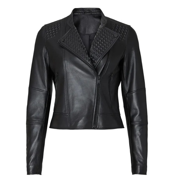 Slate & Willow Jackets & Blazers - Slate & Willow Embossed Studs Moto Black 100% Leather Jacket Zipper Pockets XS/S